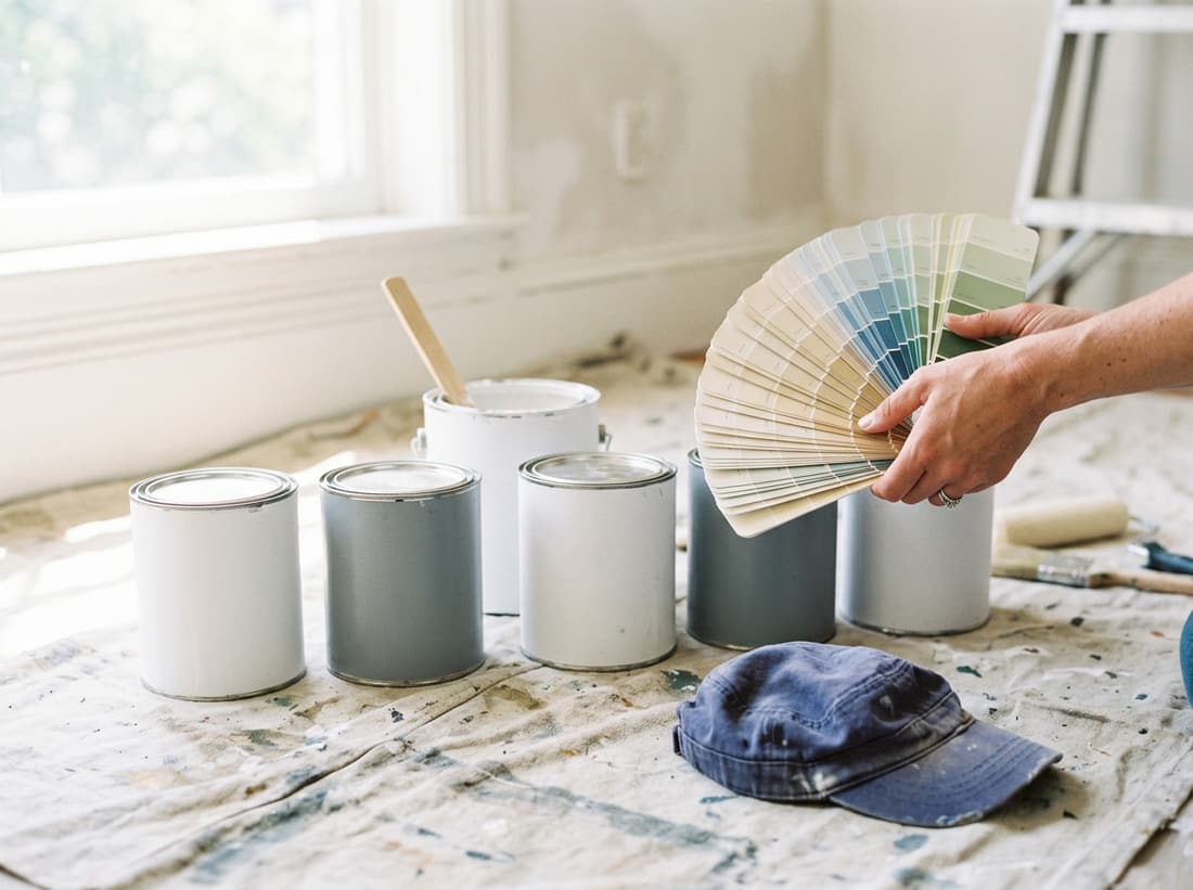 Paint cans and a fan of colour cards on a paint-spattered drop cloth