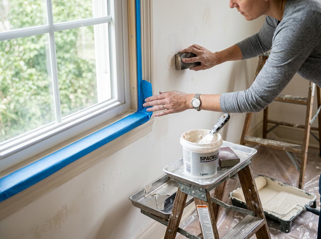 A painter taping a window frame and sanding a wall before painting