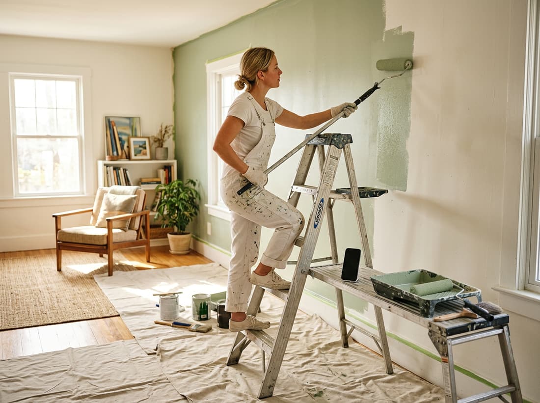 A painter rolling pale green paint onto a wall from a stepladder