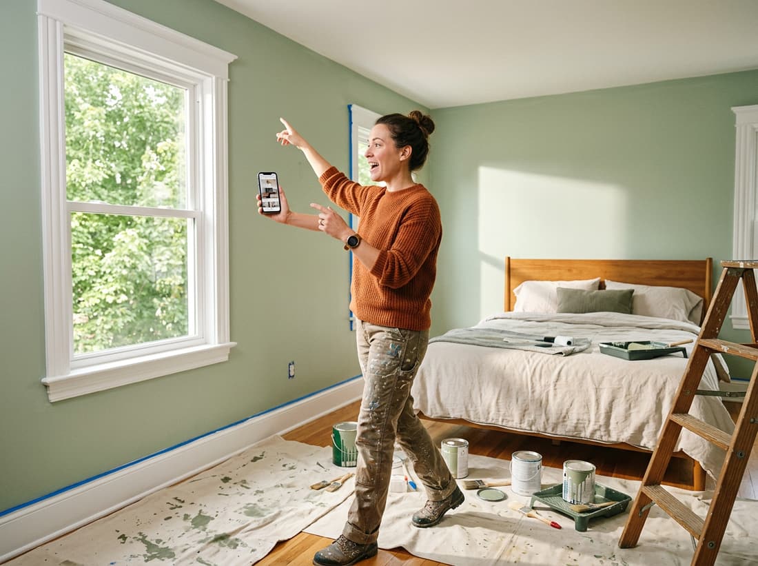 A painter pointing around a green bedroom while holding up her phone to describe the job