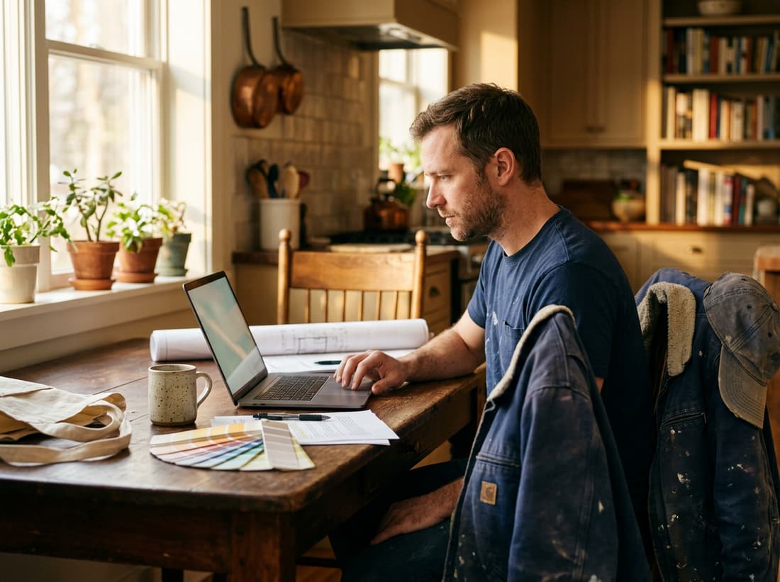A painter at a kitchen table with a laptop, plans and paint colour cards
