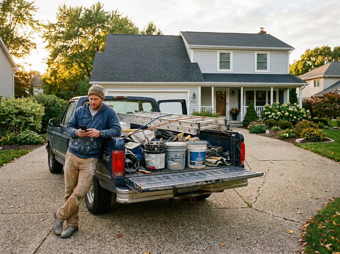 A painter leaning on his pickup in a driveway, reading his phone, ladder and paint buckets in the bed