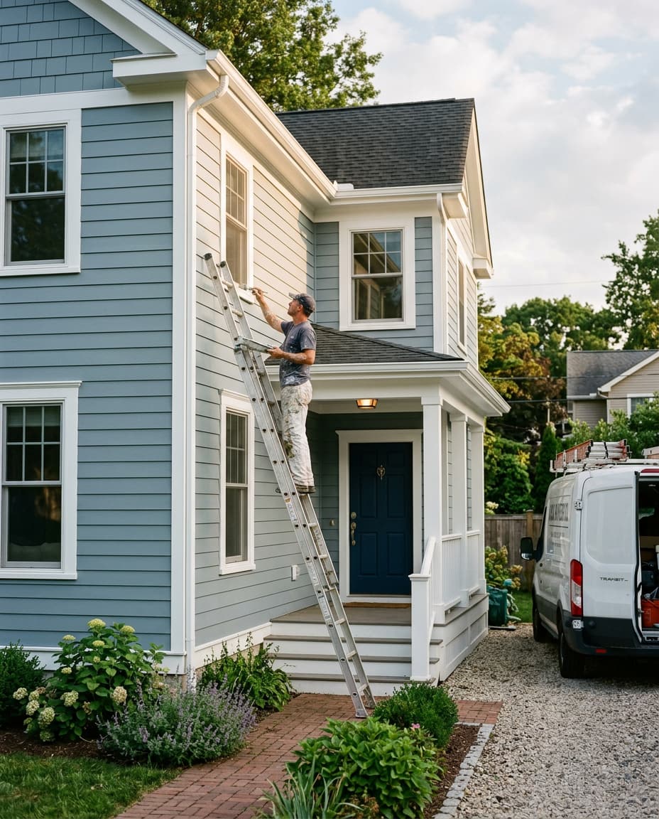 A solo painter on a ladder painting the trim of a blue-grey house, his van in the driveway