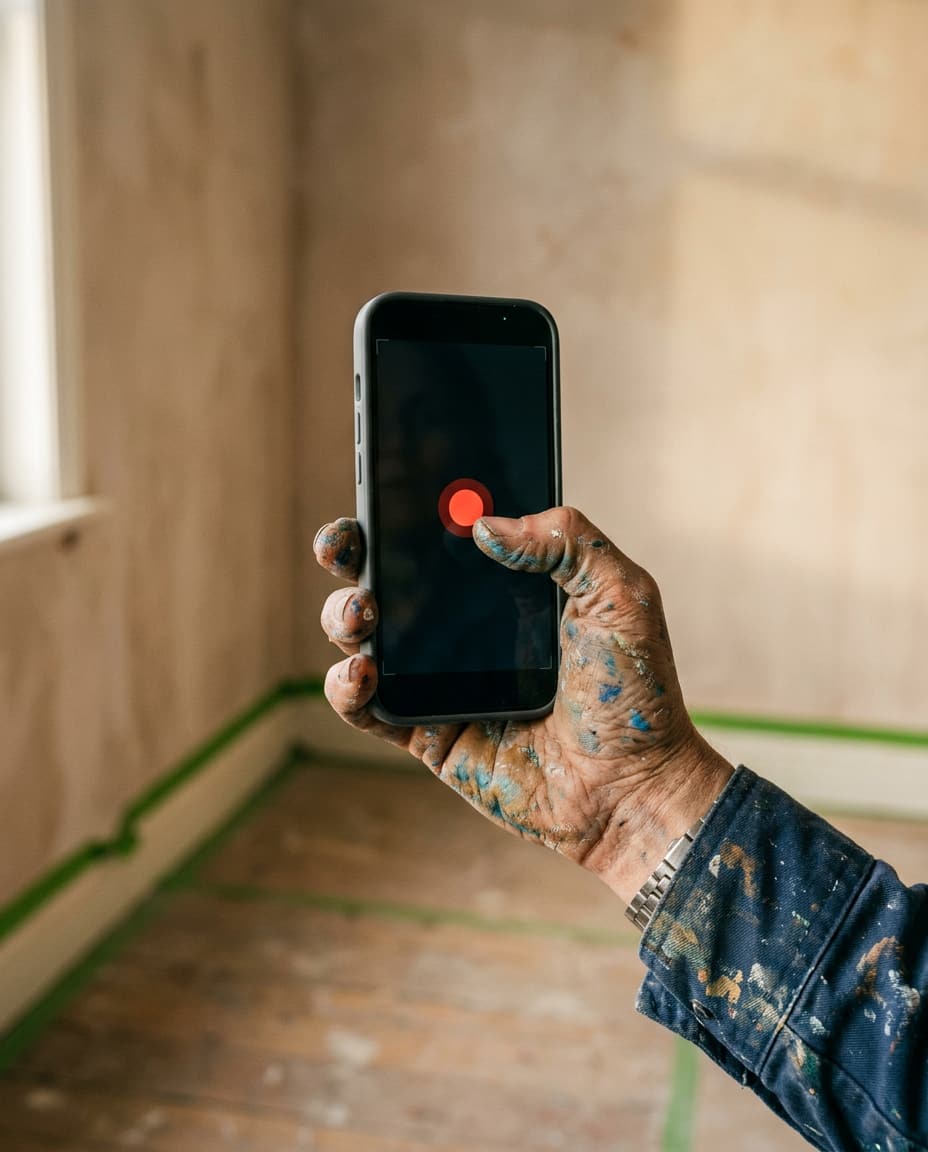 A paint-flecked hand holding a phone about to record a voice memo