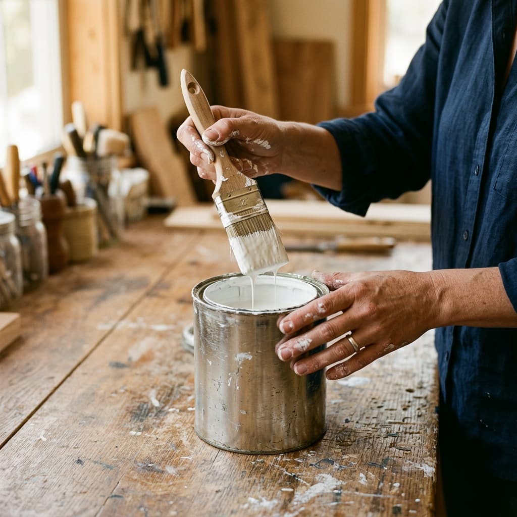 Paint-spattered hands dipping a brush into a can of white paint